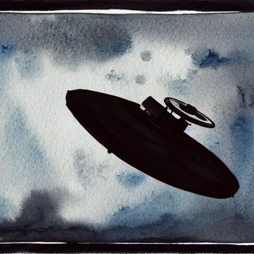 Prompt: high - angle view, from 1 0 0 0 feet in distance, vague uap interstellar vehicle on top of dramatic moody clouds in the sky, muted ink and pearlescent paint. watercolor. minimalist, detailed, muted colors. ue 5