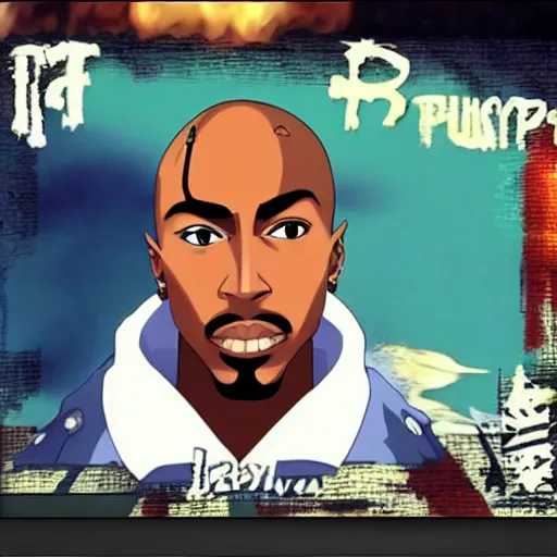 Image similar to Tupac Shakur, screenshot from a 2012s anime