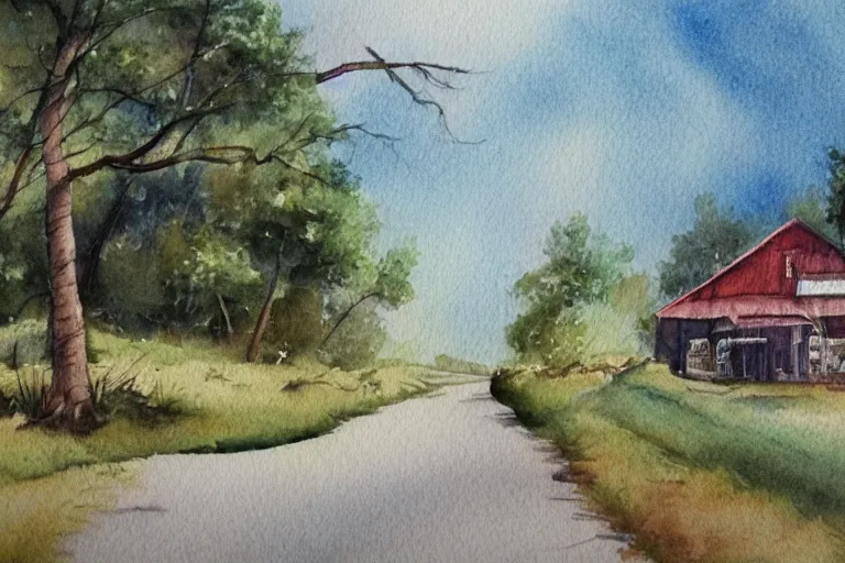 Image similar to country road store goose watercolor pen trending on artstation