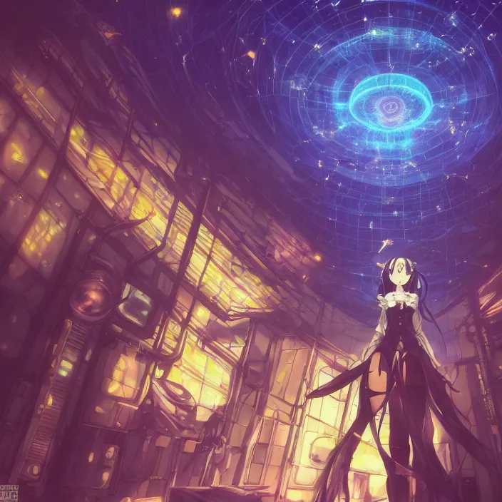 Image similar to Albedo from overlord, mamimi samejima, psychedelic background, epcot, inside a space station, eye of providence, female anime character, Lain, uwu, uwu, Luminism, Tomas Sanchez, Karla Knight, surrealism, Simon Stålenhag, M. C. Escher, Ruan Jia, uwu Hi-Fructose, Artstation, HD, HDR, High Resolution, technological rings, giygas