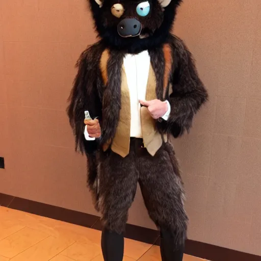 Image similar to brown wolf furry costume and black suit, convention photo