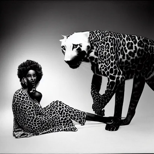 Image similar to a beautiful african lady and the black leopard, black and white, by richard avedon,