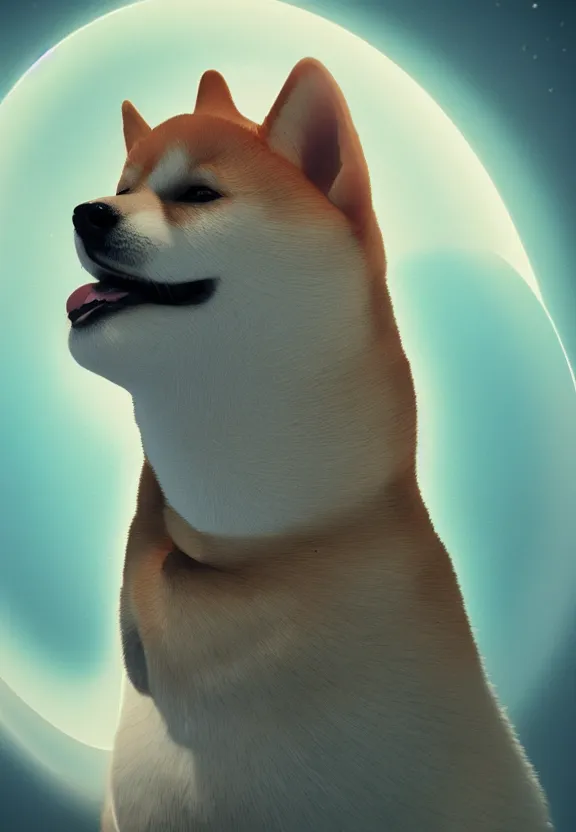 Image similar to a portrait of a shiba inu wearing a robe in heaven, circular, glowing, circle, unreal engine, octane render, artstation, digital art.