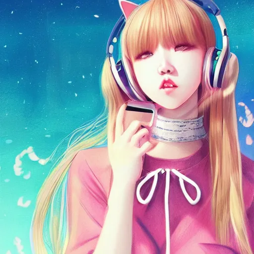 Prompt: realistic beautiful gorgeous natural cute Blackpink Lalisa Manoban blonde hair cute fur blonde cat ears, wearing summer outfit, wearing headphones, wearing black leather choker artwork drawn full HD 4K highest quality in artstyle by professional artists WLOP, Taejune Kim, Guweiz on Artstation Pixiv