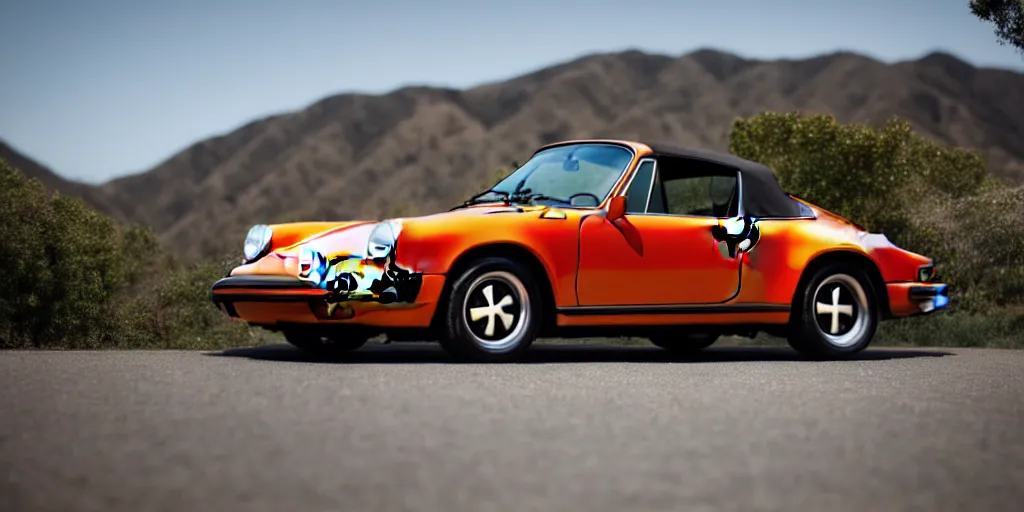 Image similar to photograph, 1974 PORSCHE 911, roadster, by Pete Biro, press release, cinematic, malibu canyon, 8k, depth of field, bokeh. chrome accents,