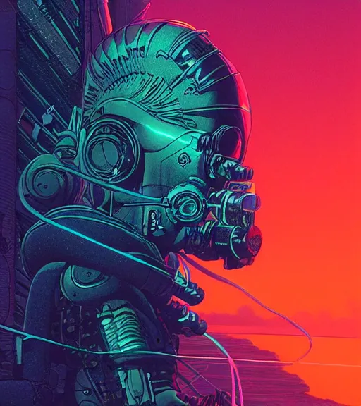 Prompt: a cyberpunk diver Polynesian woman swims through a dark bioluminescent alien coral reef, techwear, Industrial Scifi, detailed illustration, character portrait, by Martin Grip and Moebius