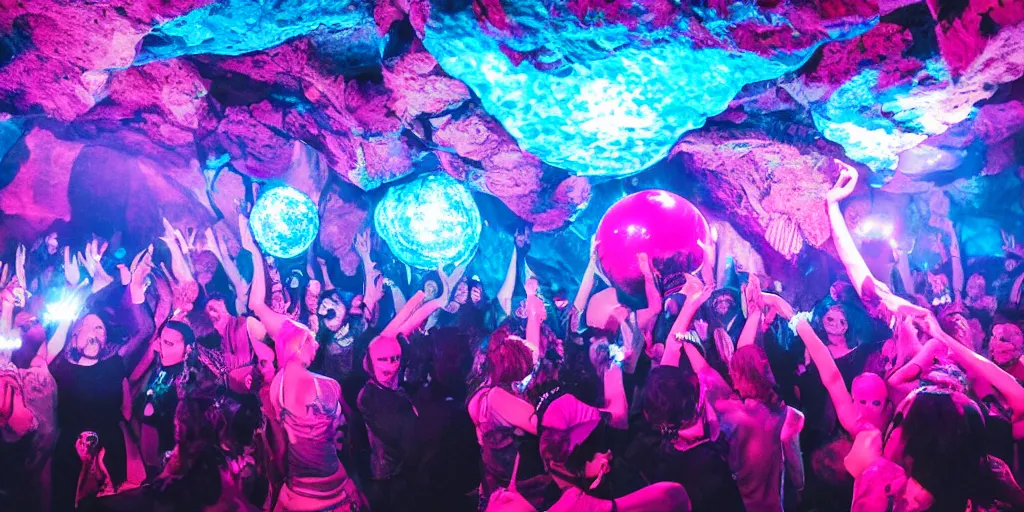 Image similar to cinematic shot of a goth disco nightclub in a cave, (((sphere made of knives))) pink lasers and blue crystals, goth people dancing, 8k photograph