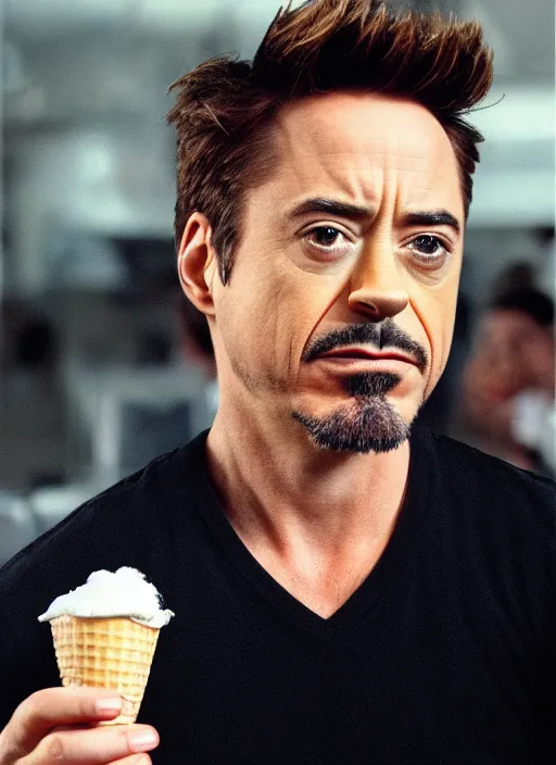 Image similar to a full portrait photo of robert downey jr eating ice cream in movie iron man, f / 2 2, 3 5 mm, 2 7 0 0 k, lighting, perfect faces, award winning photography.