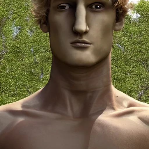 Image similar to a realistic detailed photo of a guy who is an attractive humanoid who is half robot and half humanoid, who is a male android, boxer and youtuber logan paul, shiny skin, posing like a statue, blank stare, by the pool, on display