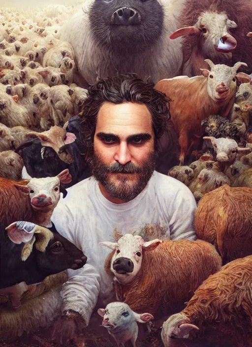 Prompt: a hyper detailed painting of joaquin phoenix surrounded by animals, cow, pig, sheep, chicken, horror, by anna podedworna, by miklos ligeti, by diego maricato, by taran fiddler, by antonino truisi, by chris reddie, by jinsung lim, trending on artstation