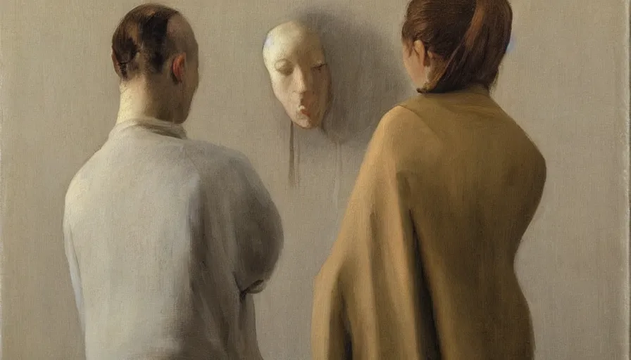 Prompt: painting by borremans, a man and woman with vase instead of the head, detailed, stunning