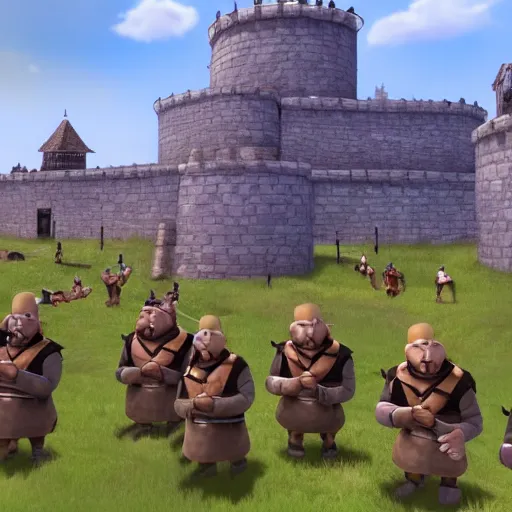 Image similar to a group of giant minions standing near a Town Center in the game Age of Empires