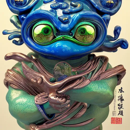 Image similar to plasticine wet shiny angels, crystal, moonlit, mirrors, camera angled dramatically, realistic, a hyperdetailed design of pepe the frog, wearing blue shirt, ferocious, chinese mythology, victo nga, fumo yoshitoshi, ren jing jeong, feifei ruan, peter mohrbacher, takato yamamoto