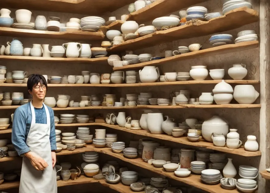 Prompt: an interior room with shelves stacked with ceramics and a person wearing an apron behind a potter's wheel, makoto shinkai, dusty