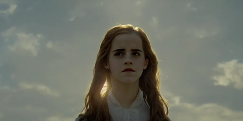 Image similar to Film still of Emma Watson as Hermione Granger. Silhouette. Shadowed. Halo. Ring of light. 35mm lens. Backlit. Angelic. Beautiful. William Adolphe Bouguereau. Henriette Browne.