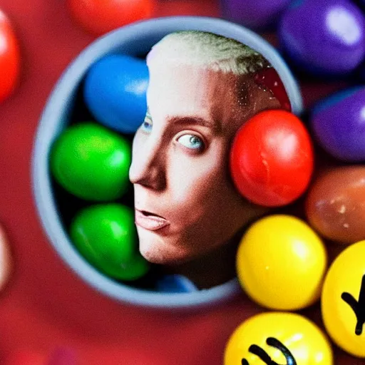 Image similar to eminem's face in a bowl of m & ms, high detail