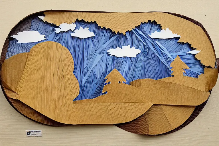 Prompt: a banjo emerging behind the blue ridge mountain range, paper art