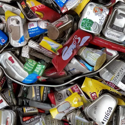 Image similar to a computer desk with screen mouse and keyboard covered and piled with discarded food and crushed soda cans and used chocolate wrappers