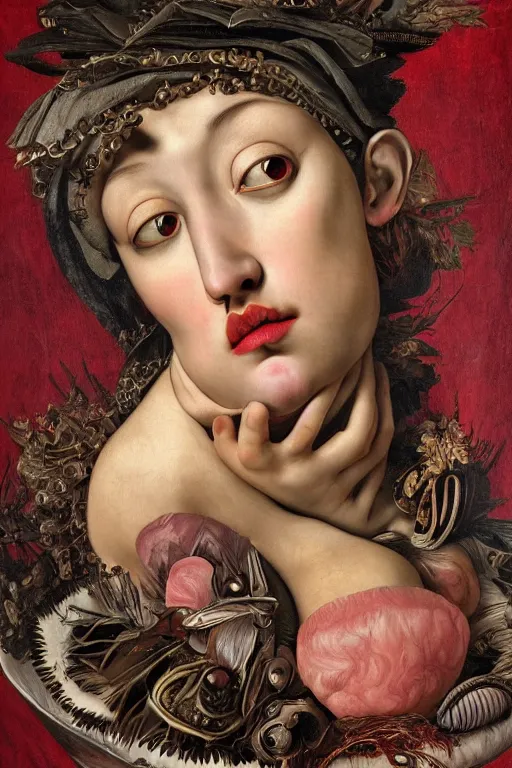 Prompt: Detailed maximalist portrait with large lips and with large, wide eyes, expressive, extra flesh, HD mixed media, 3D collage, highly detailed and intricate, surreal, illustration in the style of Caravaggio, dark art, baroque