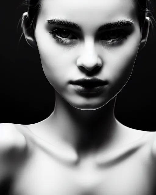 Image similar to black and white dreamy young beautiful female creature vegetal - cyborg high quality portrait photo, microchip skin, artificial intelligence, cinematic, rim light, photo - realistic, elegant, high detail, 8 k, masterpiece, high fashion, photo taken in 1 9 3 0