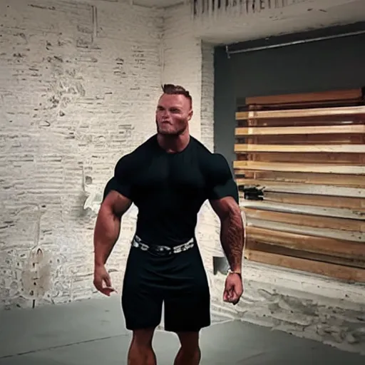 Image similar to still of chris bumstead in a skirt