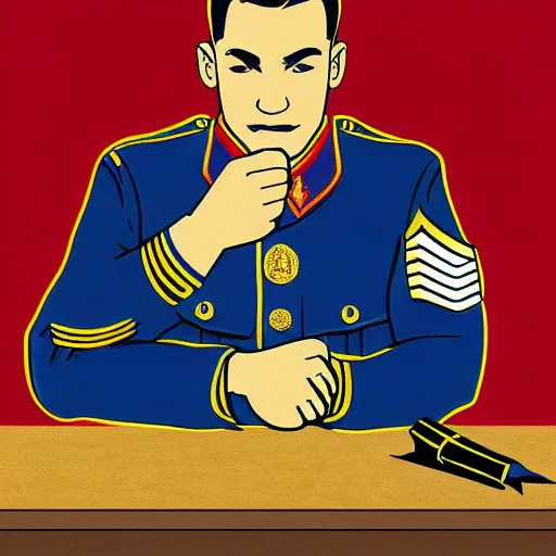Prompt: usmc sargent eating crayons, realistic, illustration