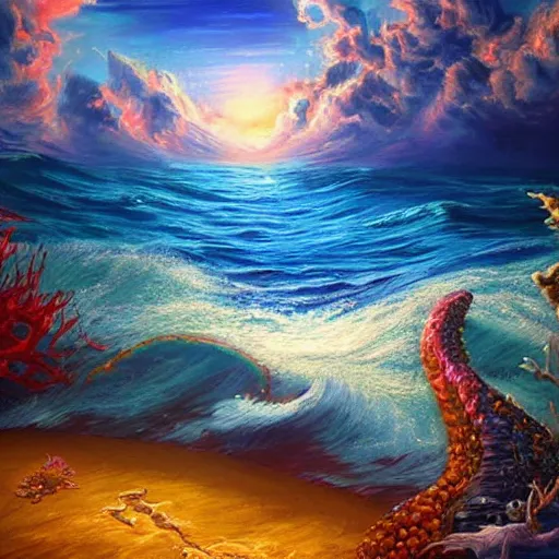 Prompt: a beautiful epic wondrous fantasy painting of the ocean