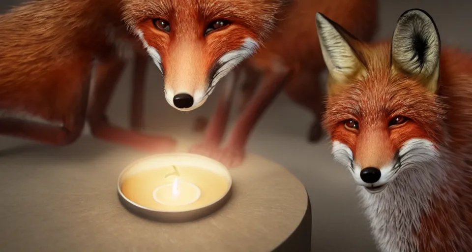 Image similar to a beautiful hyper realistic ultra detailed lifelike matte painting of a fox in front of a candle, unreal engine, deviantart, flickr, artstation, octane render, textured, colorful, extreme realistic detail, physically based rendering, pbr render, very detailed, volumetric lighting, detailed lighting, octane render, 4 k, cinematic lighting, 8 k resolution