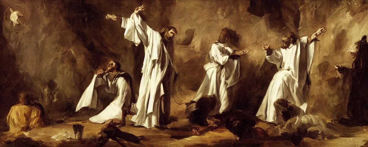 Image similar to priest performing exorcism in the style of H.R Geiger, wallpaper