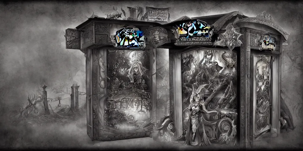 Prompt: a dark fantasy side view of a evil circus ticket booth, tim burton, world of warcraft, league of legends