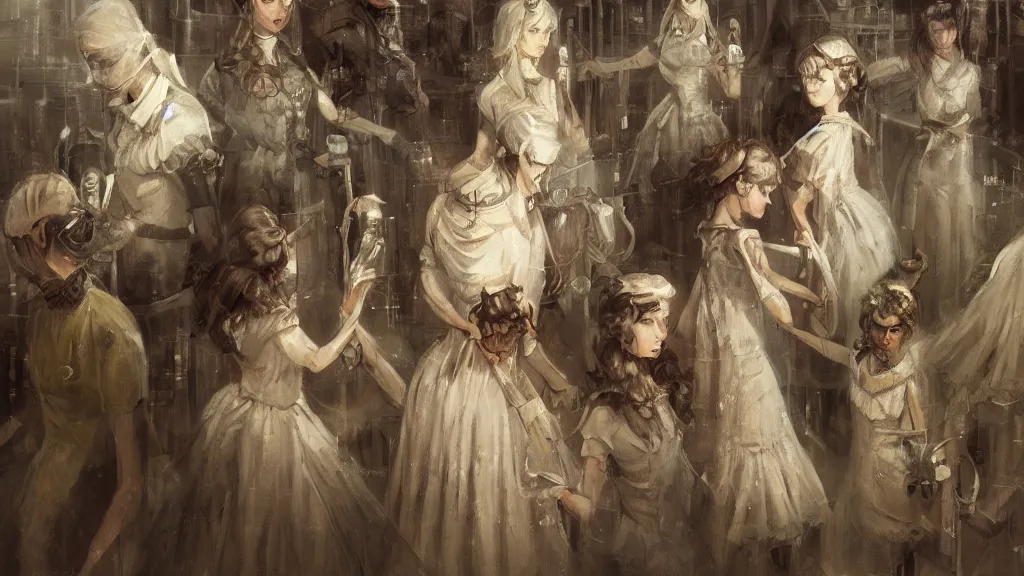 Image similar to thousands of clones of a Victorian maid, dystopia, fantasy, trending on art station, oil painting, concept art