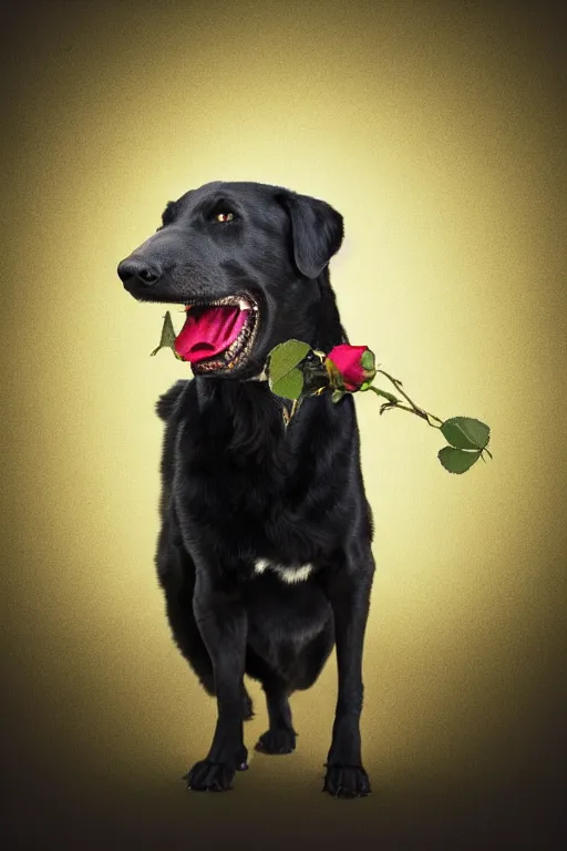 Image similar to black dog holding rose in his mouth with green eyes, gold earring on ear, studio lighting, 4 k, realistic, chromatic abberation, global illumination