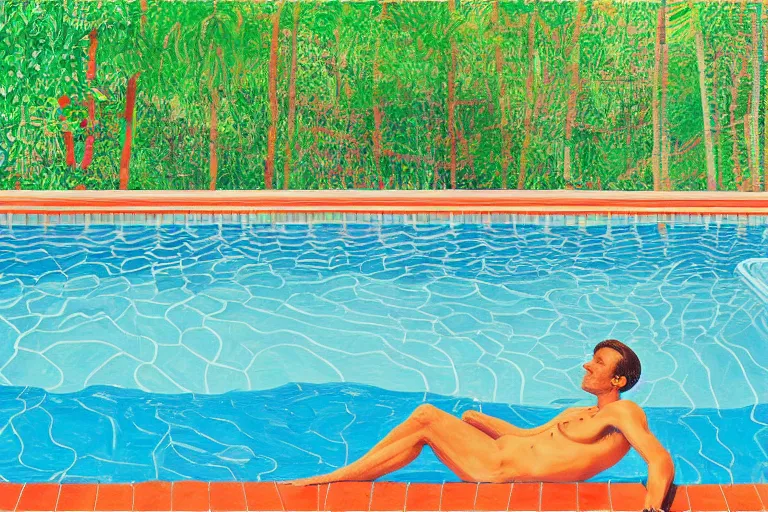 Image similar to emmanuel macron sunbathing in a swimming pool in a house in california, summer blue sky, shimmering water, lush trees and bushes garden lawn, by david hockney, peter doig, lucien freud, francis bacon, pop realism, oil on canvas