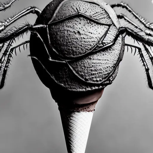 Image similar to detailed, textured photograph of a levitating chocolate ice cream cone with huge, hairy spider legs at the bottom. dramatic light.