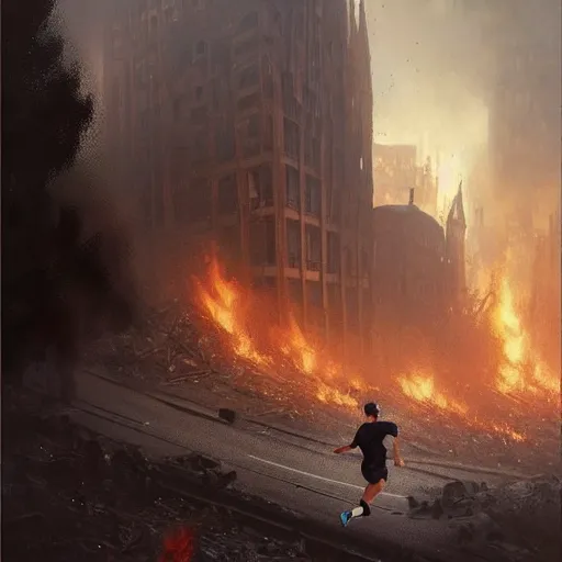 Image similar to a close view of a jewish rabi running away!!!, city of munich destroyed by a meteor!!!, rubble!!, fires!! hyperrealistic, highly detailed, cinematic, foggy light from fires, beautiful, cgssociety, artstation, 8 k, oil painting by greg rutkowski, by artgerm, by wlop