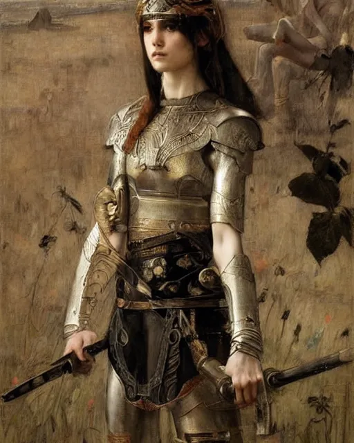 Image similar to a beautiful and strong female warrior by Edgar Maxence, Ross Tran and Jules Bastien-Lepage