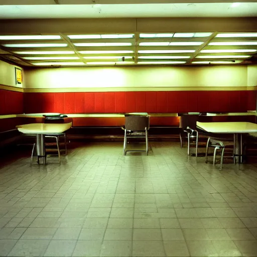 Prompt: a 3 5 mm pentax k 1 0 0 0 photograph of a liminal empty moody mcdonalds interior. empty tables. food garbage scattered about.