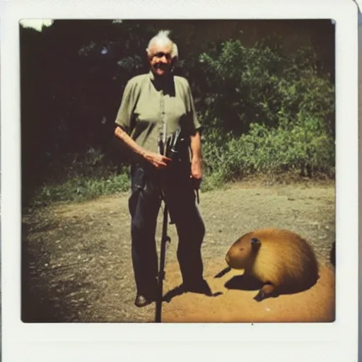 Prompt: old! polaroid photo of an old man! holding a rifle and standing on top of a giant capybara! sleeping