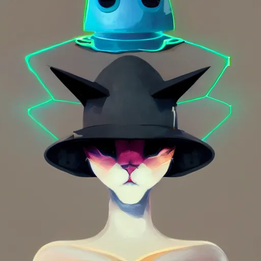 Image similar to a half robot cat wearing a hat medium shot, asymmetrical, profile picture, organic painting, nebula, matte painting, bold shapes, hard edges, street art, trending on artstation, by huang guangjian and gil elvgren and sachin teng