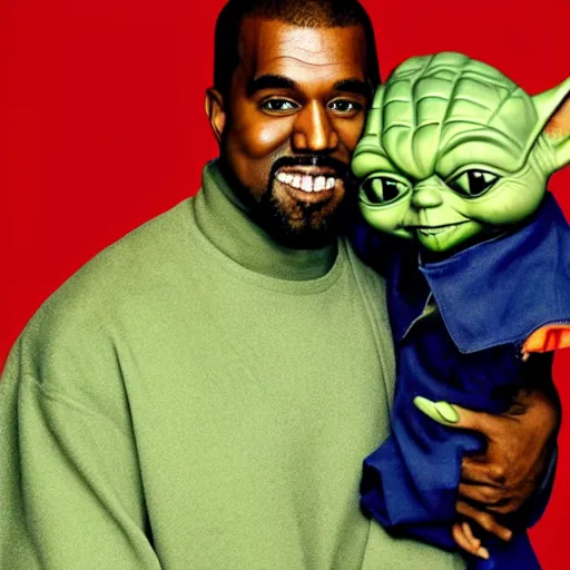 Image similar to kanye west smiling and holding yoda yoda for a 1 9 9 0 s sitcom tv show, studio photograph, portrait