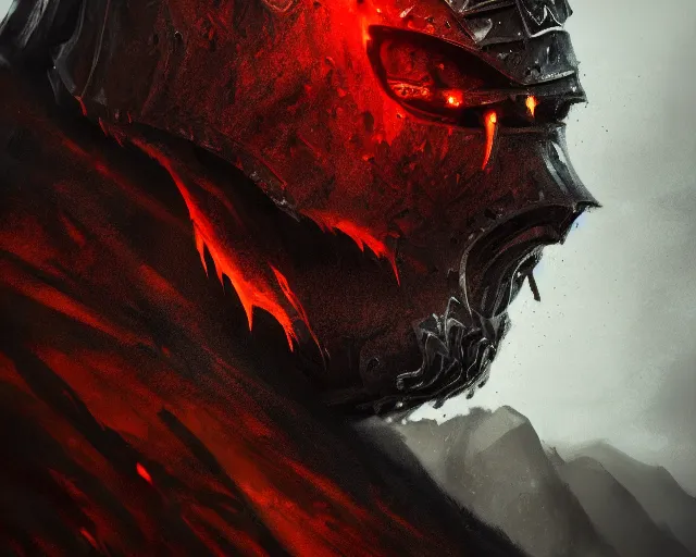 Image similar to realistic side view photo of a king, in the mountains, angry, beautiful face, handsome, black iron armour, sword, lava, dust and blood, dark environment, action fantasy, dark, wide angle, dramatic lighting, intricate, wild, highly detailed, digital painting, artstation, concept art, illustration