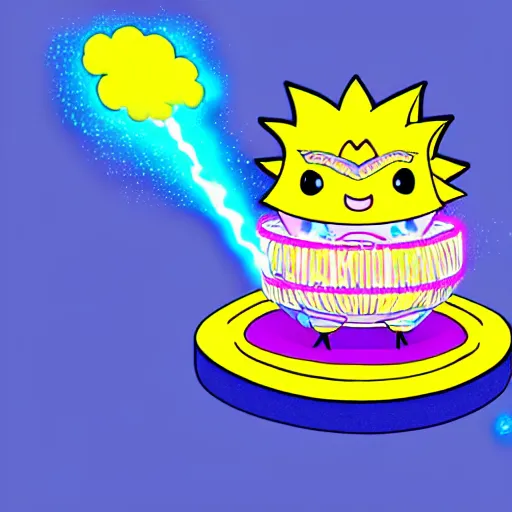 Image similar to kawaii wacky fluffy popcorn with lightning bolt power, yokai, in the style of a mamashiba, with a yellow beak, with a toroidal energy field, with a smiling face and flames for hair, sitting on a lotus flower, white background, simple, clean composition, symmetrical