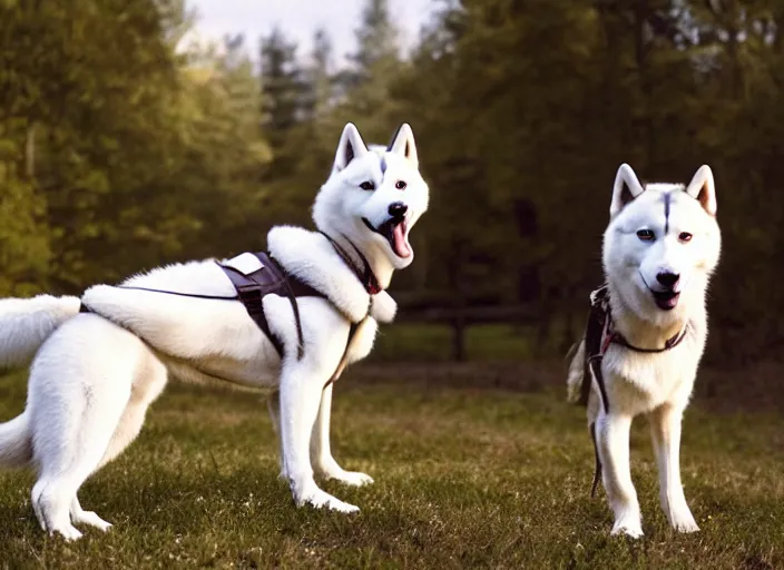 Image similar to film still of an anthropomorphic white vested husky!!!!!! in a white vest wearing a white vest!!!!! in the new kids movie, 8 k