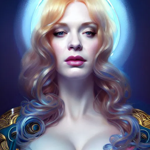 Image similar to christina hendricks wearing a white periwinkle, sci fi, glowing eyes, volumetric lights, gold theme, art nouveau botanicals, intricate, highly detailed, digital painting, artstation, concept art, smooth, sharp focus, cinematic, illustration, beautiful face, art by artgerm and greg rutkowski and alphonse mucha