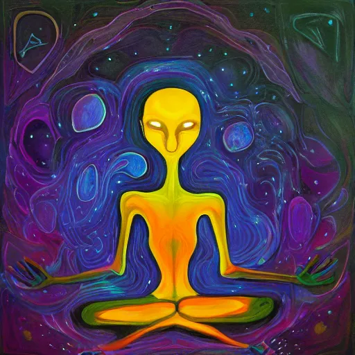 Image similar to painting of a tranquil alien made of light and glows meditating in dense forest by Terence McKenna, acrylic art, ethereal, soothing, somber, elegant, warm light, cozy, breathtaking,