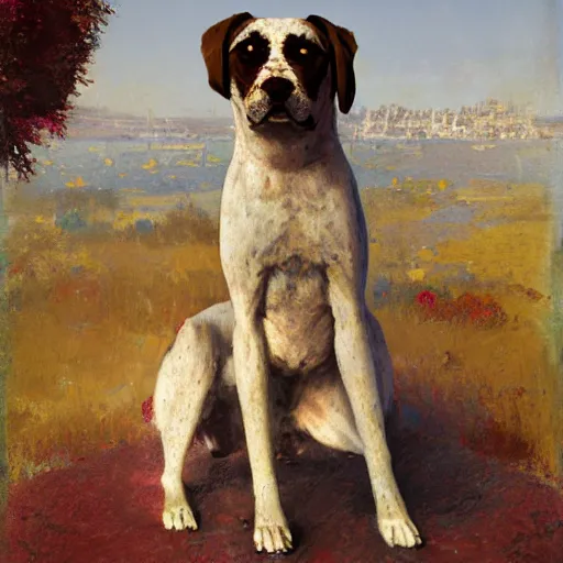 Prompt: summer hyperrealistic photorealistic land crystal boxer dog zinc burgundy baluster, by sandro botticelli and odilon redon and greg rutkowski, 8 k, storybook illustration, impressionism