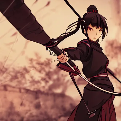 Prompt: woman with a bow and arrow anime, art illustration, incredibly highly detailed and realistic, 8 k, sharp focus