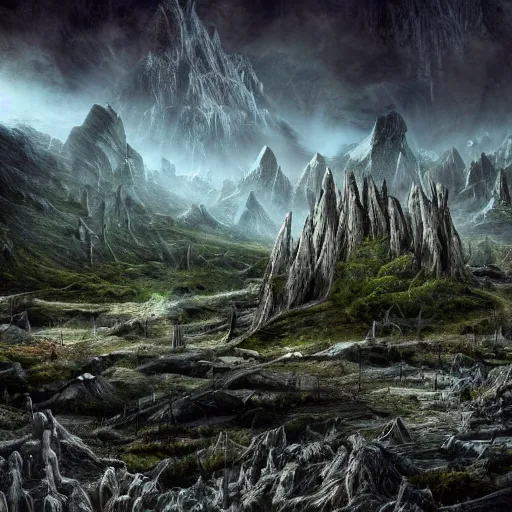 Image similar to future city covered by forest creature, doom of the gods, monster, gravity mess, star trek, glory war, photograph, cinematic matte painting, photo realism, desolate glacial landscape