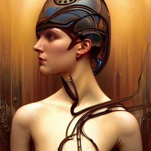 Image similar to portrait of a beautiful female android, coy, circuitry visible in head, in the style of ex machina, karol bak, alphonse mucha, greg rutkowski, award winning, hr giger, artstation