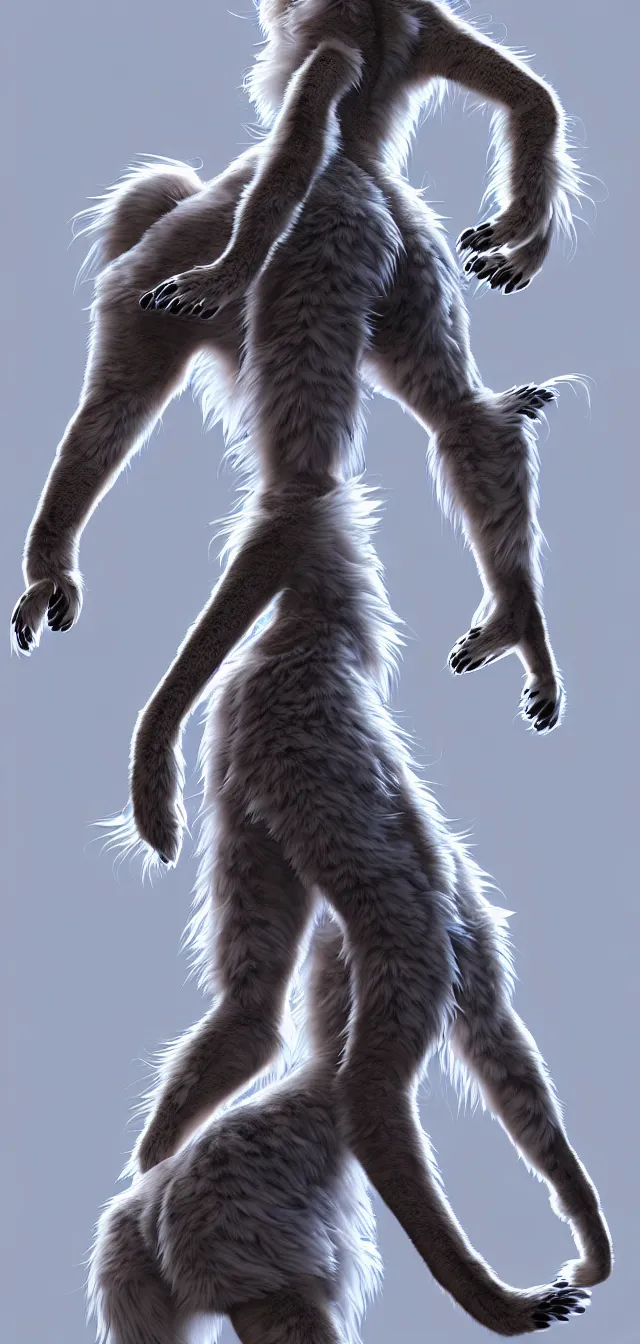 Image similar to the full body of anthropomorphic lynx fursona from behind wearing a steampunk suit as unimaginably beautiful, gorgeous, elegant, young woman with lynx head, fluffy tail, paw pads, an ultrafine hyperdetailed illustration by furaffinity, intricate linework, white fur, unreal engine 5 highly rendered, global illumination, radiant light, detailed and intricate environment